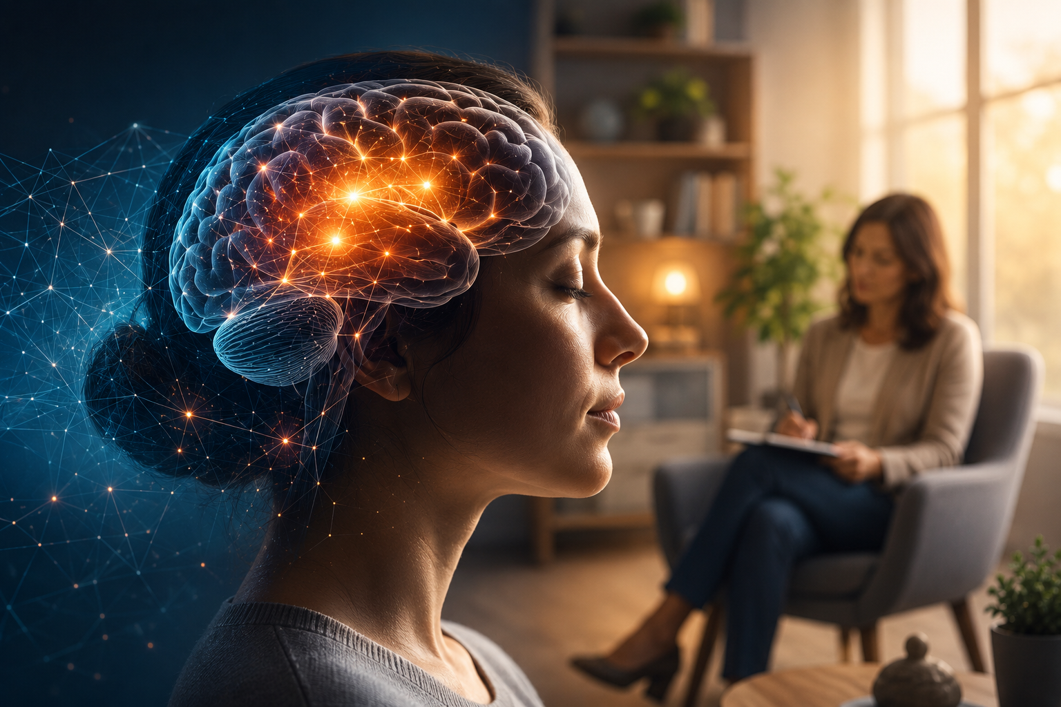 Rappresentazione della psicoterapia cognitivo neuropsicologica con cervello neurale e colloquio terapeutico in uno studio professionale.