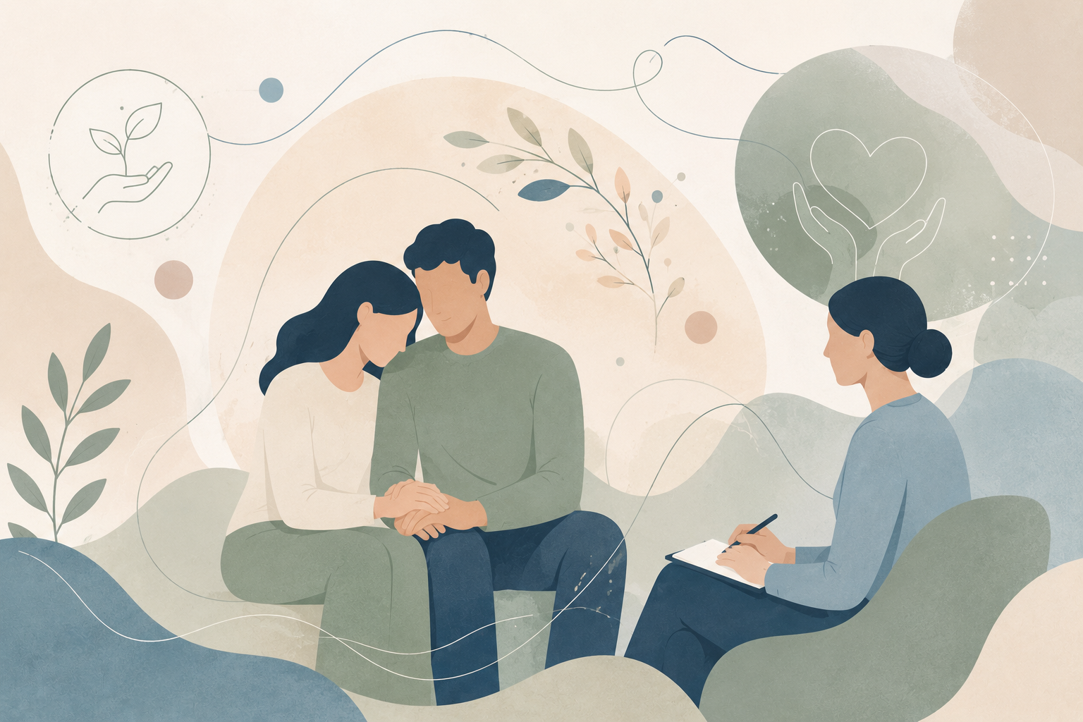 Illustrazione di una coppia supportata da una psicologa durante un percorso di Procreazione Medicalmente Assistita (PMA)