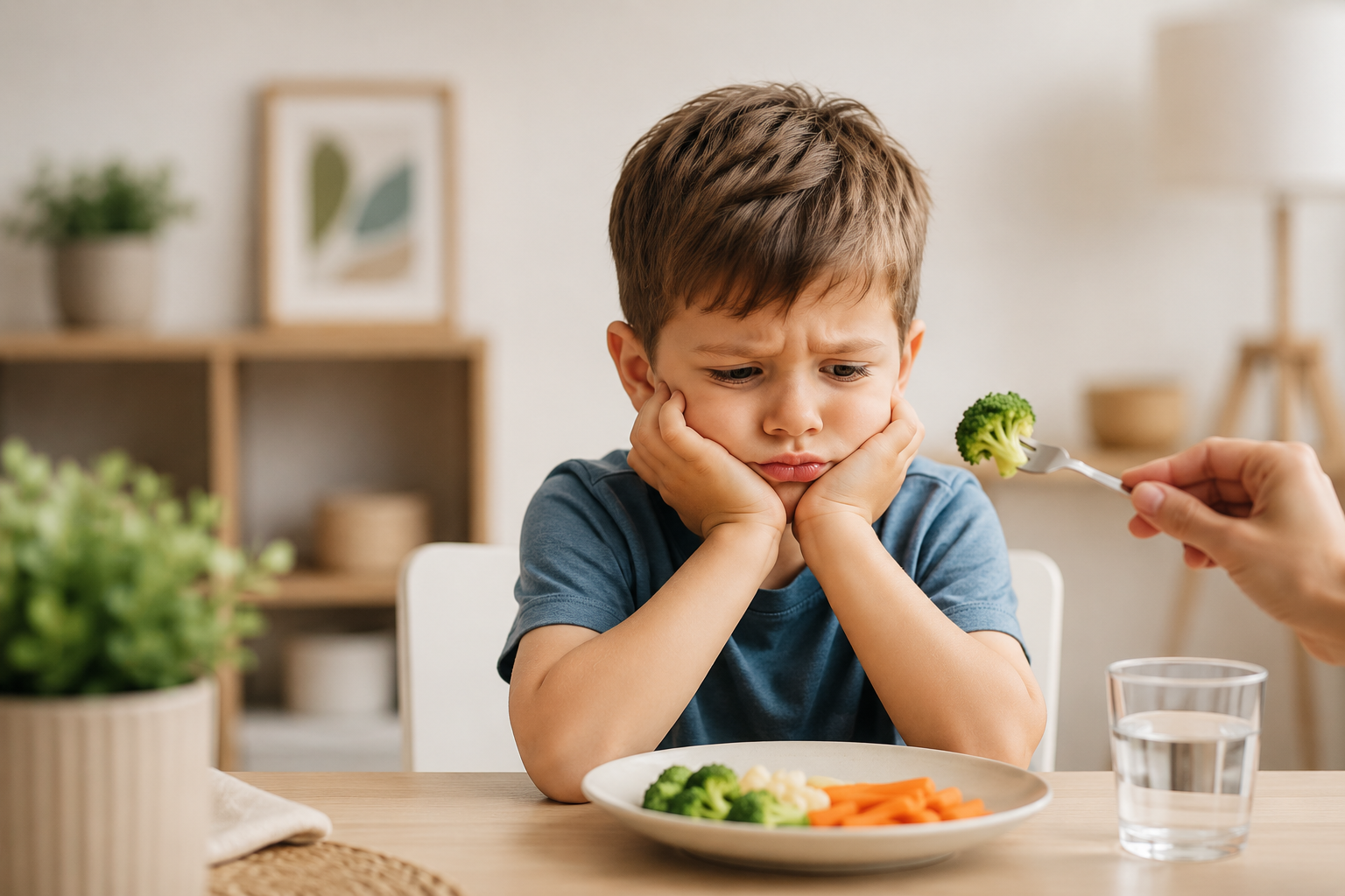 Alimentazione selettiva nei bambini: bambino che rifiuta di mangiare verdure durante il pasto.