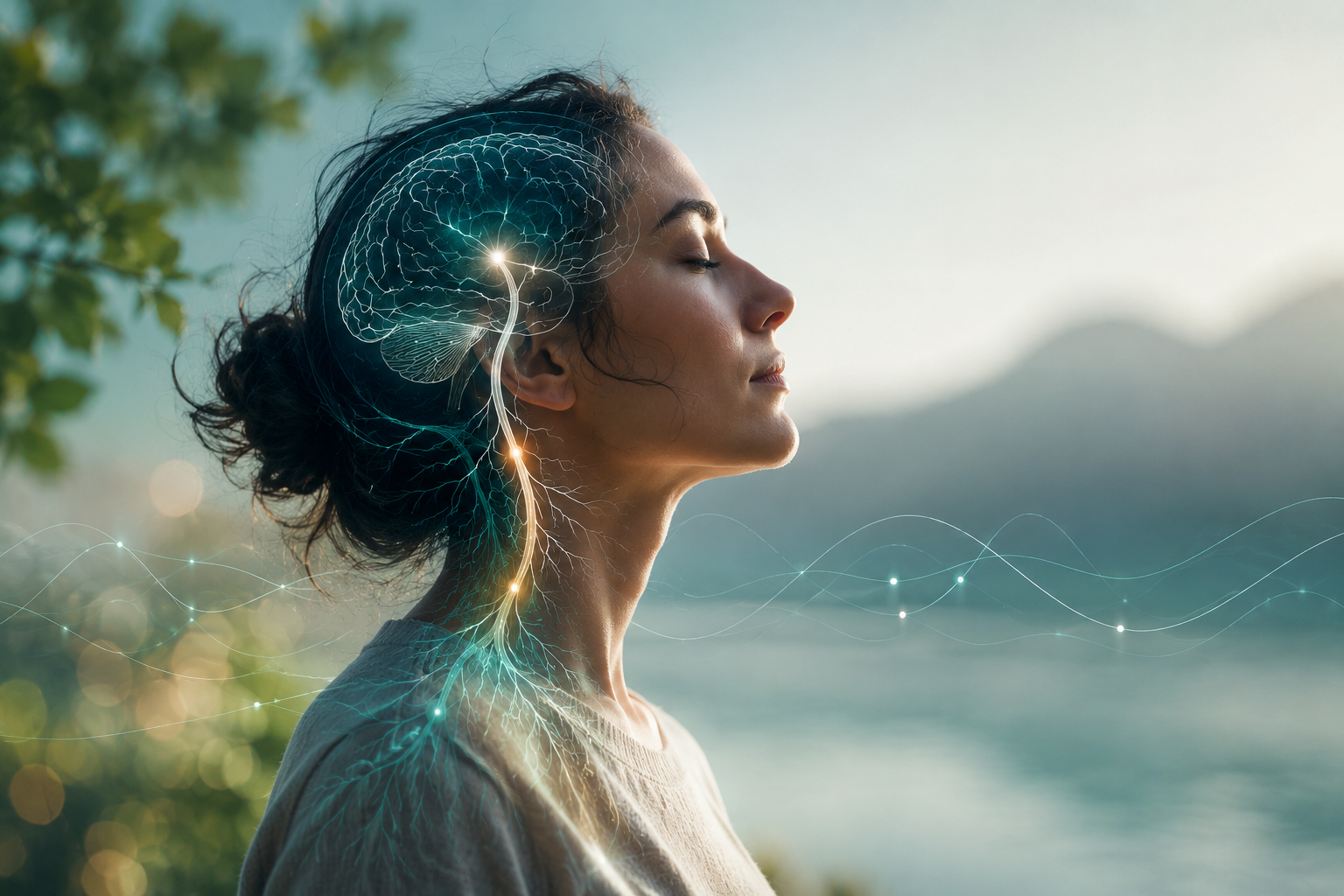 Teoria Polivagale e Mindfulness per la regolazione emotiva Donna in meditazione con rappresentazione del sistema nervoso e del nervo vago, simbolo della connessione tra Teoria Polivagale, Mindfulness e regolazione degli stati emotivi.