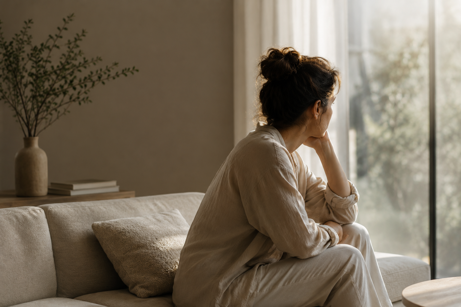 caregiver-burden-sovraccarico-caregiver Caregiver Burden: donna caregiver seduta sul divano in un momento di pausa e riflessione