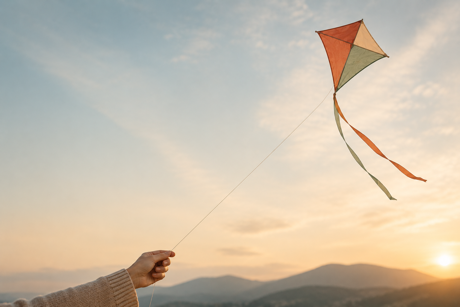 Genitori di figli adolescenti. Genitore che lascia volare un aquilone al tramonto, simbolo di autonomia, fiducia e crescita durante l'adolescenza